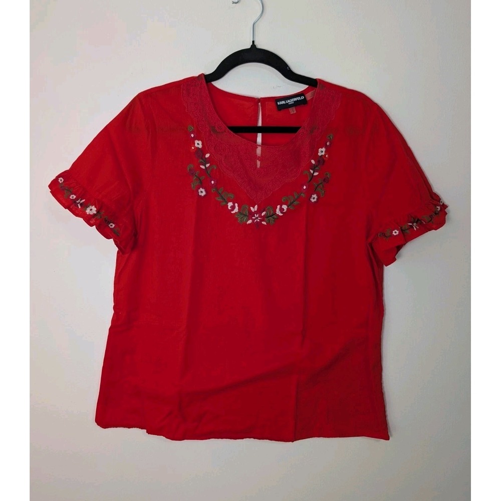 Karl Lagerfeld Red Floral Embroidered Lace Short Sleeve Blouse M